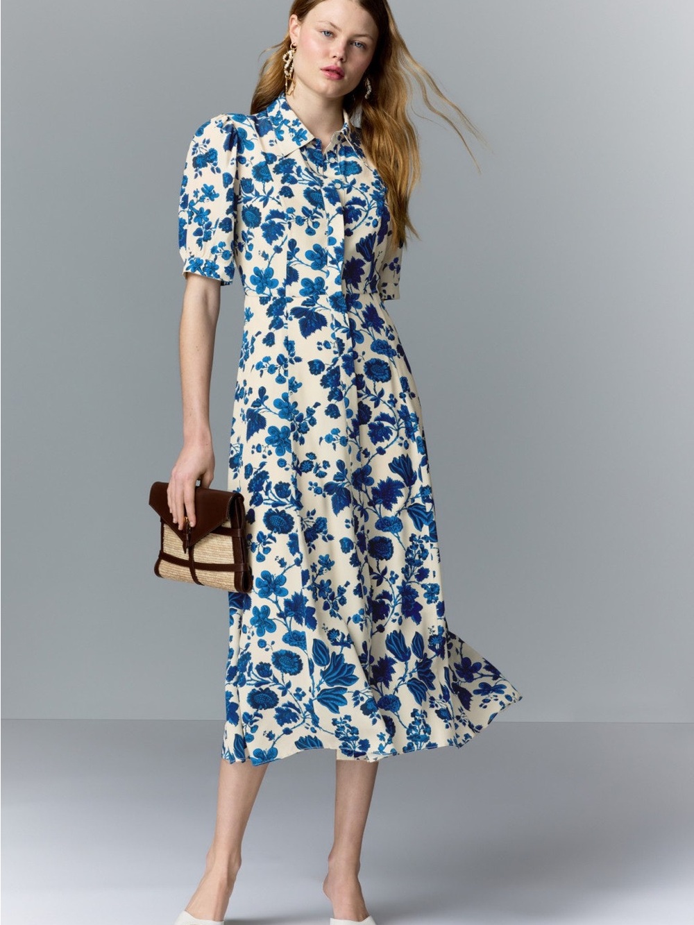 LK Bennett Cream Dress with Blue Floral Print MSRP size 14 $725 %100 silk